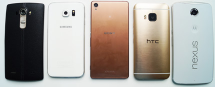фото LG G4, Samsung Galaxy S6, HTC One M9, Nexus 6, Sony Xperia Z3 сравнение оборотная сторона